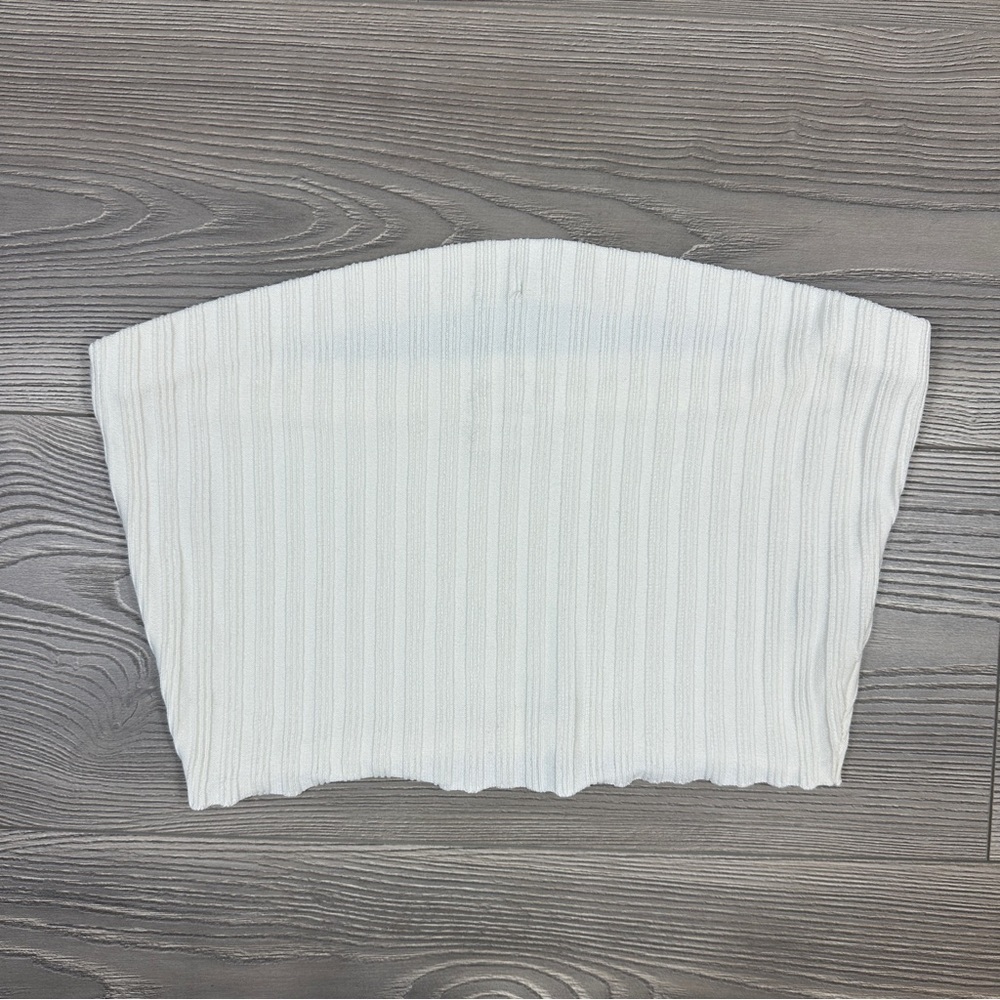 Meshki White Ribbed Strapless Tube Top Minimalist Chic Stretchy Festival Basic‎